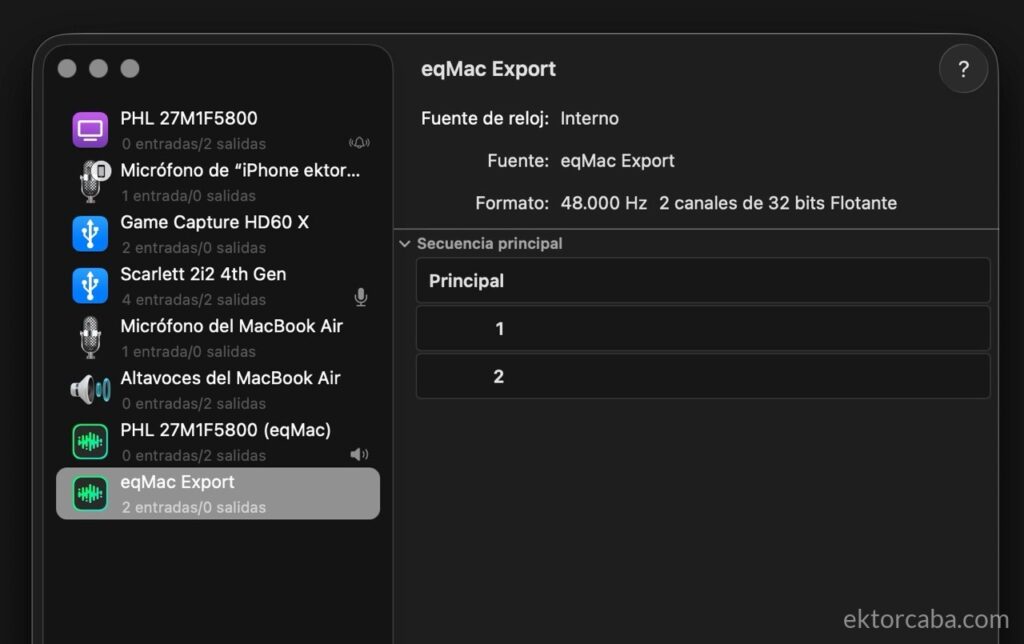 Vista de la aplicación "Configuración de Audio MIDI.app" del Mac